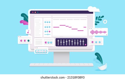 Electronic music production software on desktop computer screen. Vector illustration