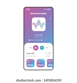 Electronic music radio smartphone interface vector template. Mobile music player app page neon blue design layout. Modern songs, tracks albums listening screen. Flat UI for application. Phone display