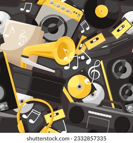 Electronic music set. Gramophone playing music connected with amplifier. Headphones plugged in column. Audio carriers cd disk, vinyl plate. Seamless pattern. Vector illustration