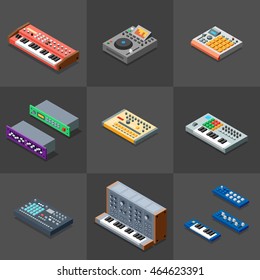 Electronic Music Studio Equipment Icons Set. 3D Isometric Low Poly Flat Design. Vector illustration.