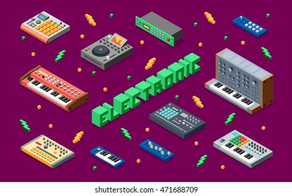 Electronic Music Synthesizers Instruments 3D Isometric Illustration. Low Poly Flat Design.  