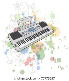 Electronic musical midi Keyboard - Synth & Blumenkalligrafie-Ornament - eine stylische Orchidee, farbiger Hintergrund