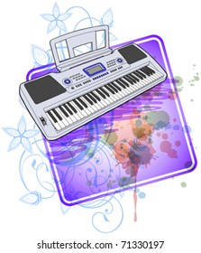 Electronic musical midi keyboard - synth & floral calligraphy ornament - a stylized orchid, color paint background