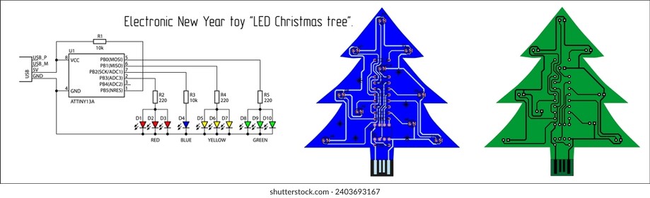 Electronic New Year toy "LED Christmas tree". Vector electrical schematic diagram and a printed circuit board of a digital electronic device. Pcb draft with conductors and radio components.