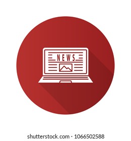 Electronic newspaper flat design long shadow glyph icon. Online news on laptop. Vector silhouette illustration
