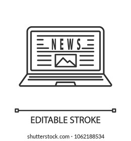 Electronic newspaper linear icon. Thin line illustration. Online news on laptop. Contour symbol. Vector isolated outline drawing. Editable stroke