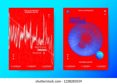 Electronic Night Party Promotion. Music Poster Concept. Wave Banner for Techno Sound Party. Dance Flyer with Music Equalizer and Amplitude of Distorted Lines. Announcement of House Music Night Party.
