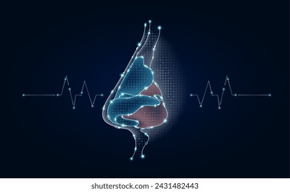 Nariz electrónica y onda de pulso brillando entre líneas de conexión. Código de circuito de datos de microchip de órgano humano. Ciencia médica de la tecnología futurista digital innovadora atención de la salud. Vector EPS10.