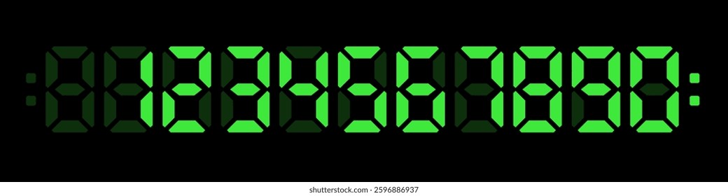 Electronic numbers display. Digital clocks. Green digits isolated on black background. Electronic watch, alarm timer, countdown. Realistic vector illustrations set.