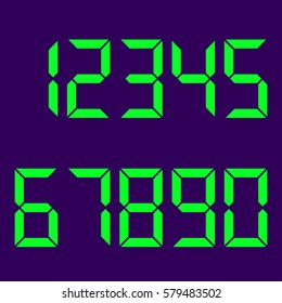 Electronic numbers green. Blue background . Led lights. Vector illustration.