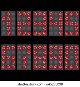 Electronic numbers. Mathematical figures 1, 2, 3, 4, 5, 6, 7, 8, 9, 0. Clock dial, calculators, digital scoreboard. LED panel . Red light bulbs. Vector.
