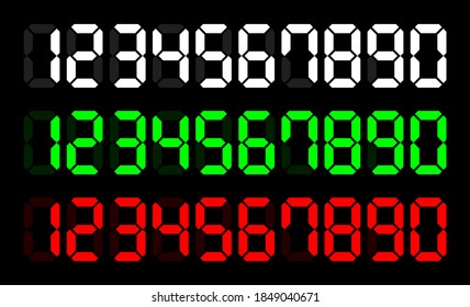 Electronic Numbers White, Green, Red on Black Background. Digital Display Font. Vector Illustration