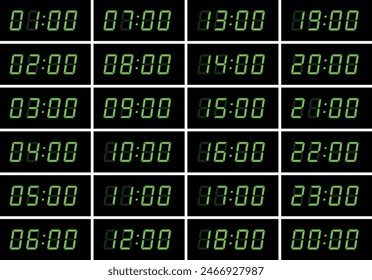 Electronic numerals (numbers arabic). Alarm clock or clock symbol. Digital information indicator, luminous numbers.