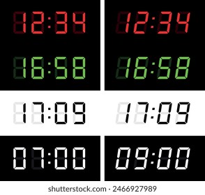 Números Electrónicas (números en árabe). Reloj despertador o símbolo de reloj. Indicador de información digital, números luminosos.