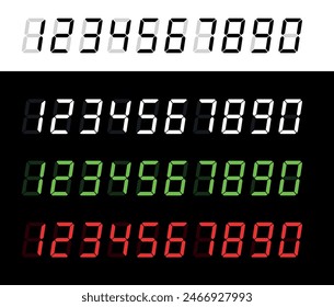 Electronic numerals (numbers arabic). Alarm clock or clock symbol. Digital information indicator, luminous numbers.