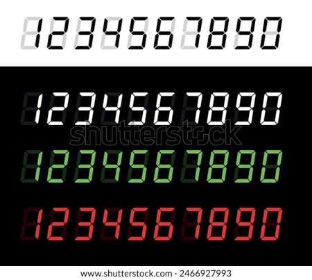 Electronic numerals (numbers arabic). Alarm clock or clock symbol. Digital information indicator, luminous numbers.