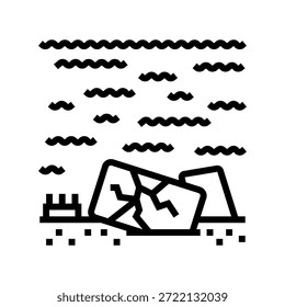 Vector electrónico del icono de la línea de contaminación del agua del océano e residuos electrónicos. símbolo de contaminación del contorno aislado Ilustración negra
