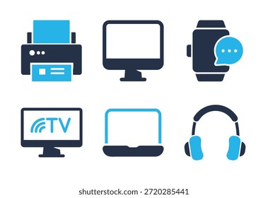 Conjunto de iconos de dispositivo Electrónica y de oficina. Iconos de la serie de glifos sólidos