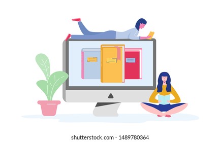 Electronic online library poster with computer and books, people characters reading or students studying, e-book readers, modern literature fans concept. Flat cartoon vector illustration
