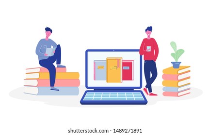 Electronic online library poster with laptop and books, people characters reading or students studying, e-book readers, modern literature fans concept. Flat cartoon vector illustration