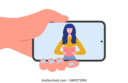 Electronic online library poster with smart phone and books, people character reading or student studying, e-book reader, modern literature fan concept. Flat cartoon vector illustration

