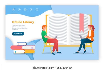 Biblioteca electrónica en línea para leer libros sobre gadgets. Hombre y mujer usando laptops para acceder a la estantería virtual. La gente se sienta cerca de los libros de texto abiertos, el sitio web se burla. Ilustración del vector en estilo plano