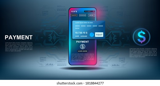 Electronic online payments and money transfers via smartphone. Contactless payment. Internet banking. Money transfers and online payment. Vector