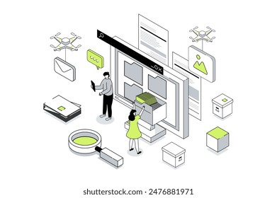 Electronic organization files 3d isometric concept in outline isometry design for web. People working with digital database at computer screen, organizing folders for storage. Vector illustration.