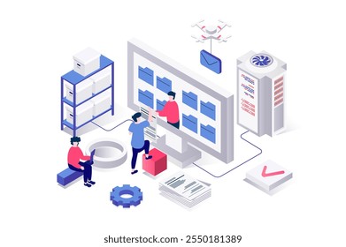 Electronic organization files 3d isometric concept in geometry graphic design for web. People managing digital documents in folders and interacting catalog at computer screen. Vector illustration.