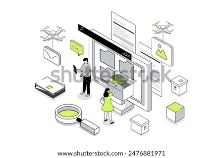 Electronic organization files 3d isometric concept in outline isometry design for web. People working with digital database at computer screen, organizing folders for storage. Vector illustration.