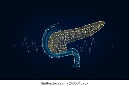 Elektronische Bauchspeicheldrüse und zwischen den Verbindungsleitungen glühende Pulswellen. Chip-Datenschaltungscode für ein menschliches Organ. Medizinische Wissenschaft der Technologie futuristische digitale innovative Gesundheitsversorgung. Vektor EPS10.