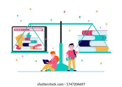 Electronic And Paper Books Comparison. Internet, Tablet, Scale Flat Vector Illustration. Knowledge And Education Concept For Banner, Website Design Or Landing Web Page