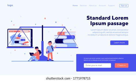 Electronic and paper books comparison. Internet, tablet, scale flat vector illustration. Knowledge and education concept for banner, website design or landing web page