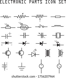 ELECTRONIC PARTS AND COMPONENTS SYMBOL ICON SET REQUIRED FOR DESIGNING ELECTRONIC CIRCUITS AND SCHEMATICS