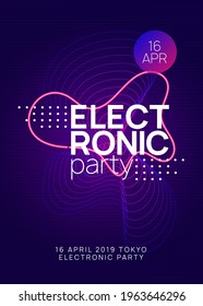 Electronic party. Commercial discotheque invitation template. Dynamic gradient shape and line. Neon electronic party flyer. Electro dance music. Techno fest event. Trance sound. Club dj poster.