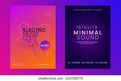 Electronic party. Cool discotheque invitation set. Dynamic fluid shape and line. Neon electronic party flyer. Electro dance music. Techno fest event. Trance sound. Club dj poster.