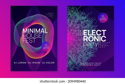 Electronic party. Creative concert brochure set. Dynamic fluid shape and line. Neon electronic party flyer. Electro dance music. Techno fest event. Trance sound. Club dj poster.