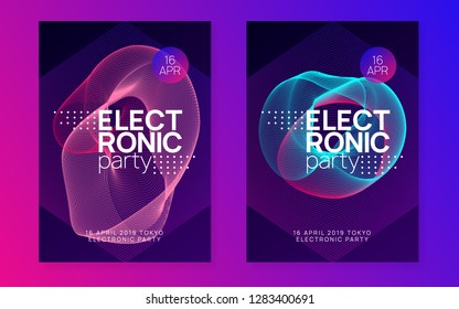 Electronic party. Curvy show cover set. Dynamic gradient shape and line. Neon electronic party flyer. Electro dance music. Techno fest event. Trance sound. Club dj poster.