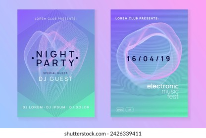 Electronic party. Digital discotheque magazine set. Dynamic gradient shape and line. Neon electronic party flyer. Electro dance music. Techno fest event. Trance sound. Club dj poster.