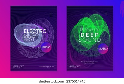 Electronic party. Digital show magazine set. Dynamic fluid shape and line. Neon electronic party flyer. Electro dance music. Techno fest event. Trance sound. Club dj poster.