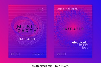 Electronic party. Dynamic fluid shape and line. Digital concert cover set. Neon electronic party flyer. Electro dance music. Techno fest event. Trance sound. Club dj poster.