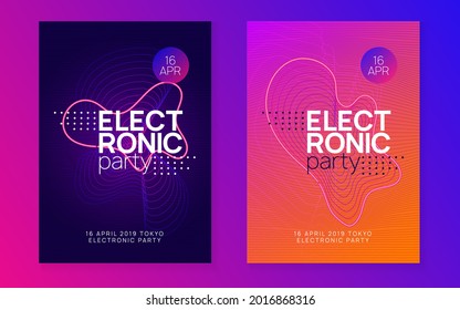 Electronic party. Dynamic fluid shape and line. Bright show magazine set. Neon electronic party flyer. Electro dance music. Techno fest event. Trance sound. Club dj poster.