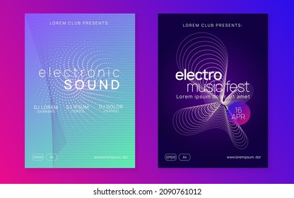 Electronic party. Dynamic fluid shape and line. Trendy show magazine set. Neon electronic party flyer. Electro dance music. Techno fest event. Trance sound. Club dj poster.