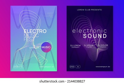 Electronic party. Dynamic fluid shape and line. Minimal show banner set. Neon electronic party flyer. Electro dance music. Techno fest event. Trance sound. Club dj poster.