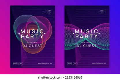 Electronic party. Dynamic fluid shape and line. Creative concert brochure set. Neon electronic party flyer. Electro dance music. Techno fest event. Trance sound. Club dj poster.