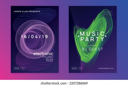 Electronic party. Dynamic fluid shape and line. Minimal discotheque cover set. Neon electronic party flyer. Electro dance music. Techno fest event. Trance sound. Club dj poster.