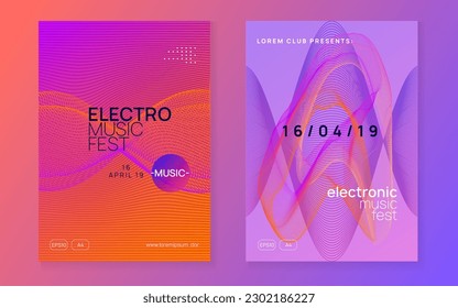 Electronic party. Dynamic fluid shape and line. Minimal discotheque banner set. Neon electronic party flyer. Electro dance music. Techno fest event. Trance sound. Club dj poster.