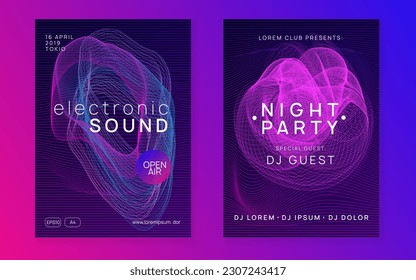 Fiesta electrónica. Forma dinámica de fluido y línea. Buen concierto. Letrero electrónico de fiesta neón. Música de baile de moda. Festival Techno. Sonido de trance. Afiche del dj del club.