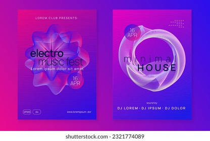 Electronic party. Dynamic fluid shape and line. Curvy show invitation set. Neon electronic party flyer. Electro dance music. Techno fest event. Trance sound. Club dj poster.