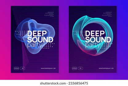 Electronic party. Dynamic fluid shape and line. Futuristic concert brochure set. Neon electronic party flyer. Electro dance music. Techno fest event. Trance sound. Club dj poster.